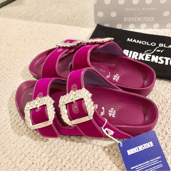 Fuchsia Pink Purple Arizona Crystal Buckle Velvet 2-Band Sandals - Picture 4 of 13